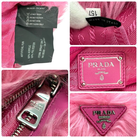 PRADA Vintage Logo Faux Fur Clutch Bag Pelliccia Zip Pink Silver [106049] - Picture 11 of 11